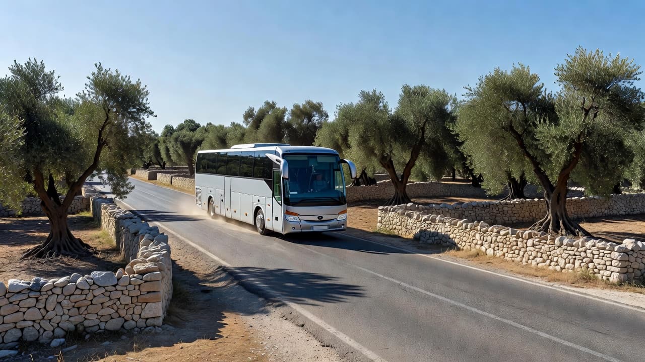 Un autobus di linea percorre una strada asfaltata tra i caratteristici uliveti e i muretti a secco della campagna pugliese, immerso nella luce dorata di una soleggiata giornata primaverile.