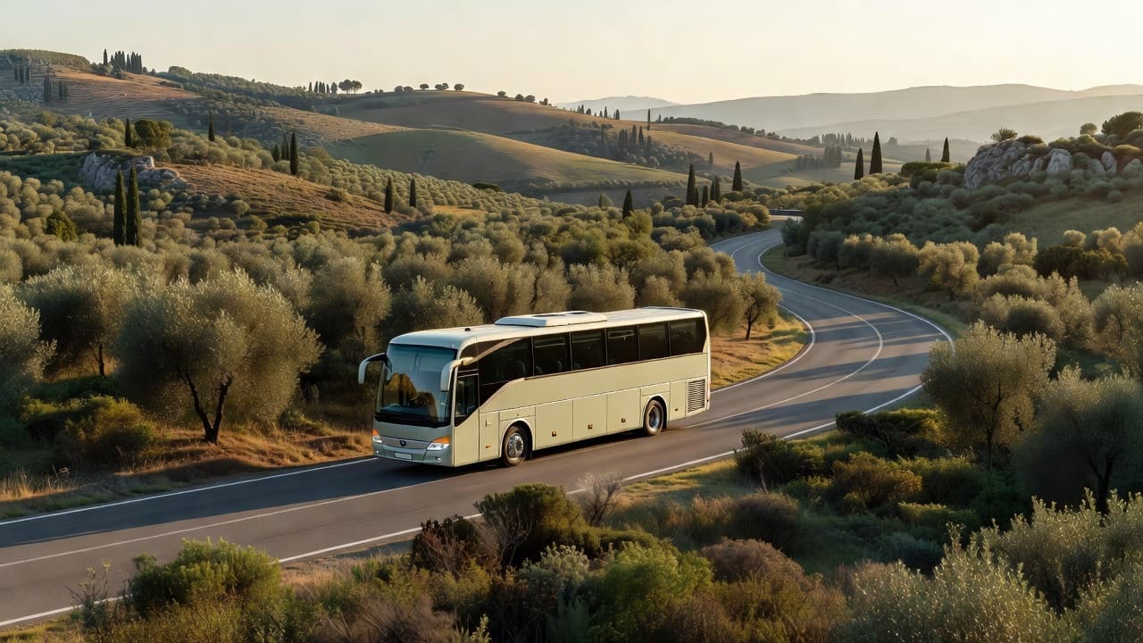 Un autobus di colore chiaro percorre una strada regionale circondata da colline e vegetazione mediterranea. La luce calda del pomeriggio illumina dolcemente il paesaggio naturale campano durante il transito del veicolo.