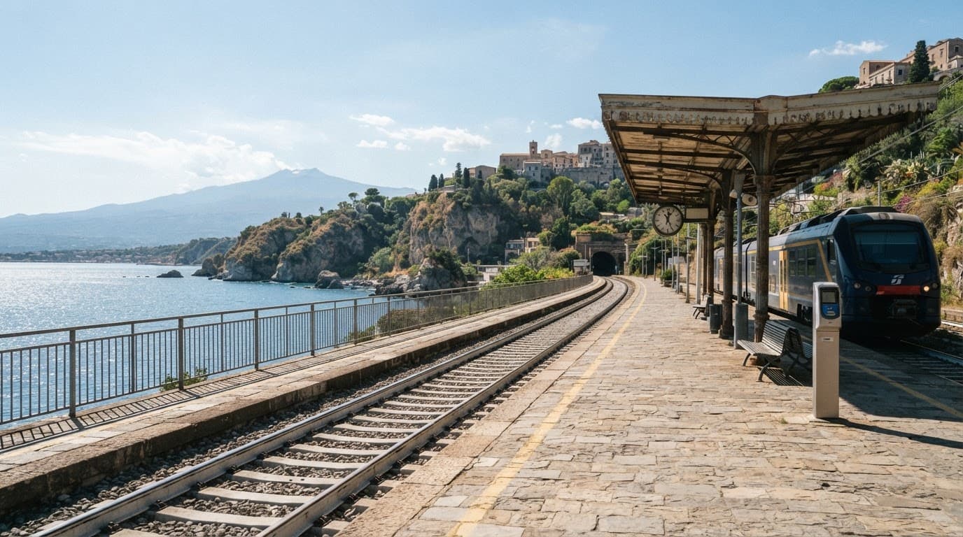 Rotaie ferroviarie moderne in una stazione siciliana sotto la luce del sole.