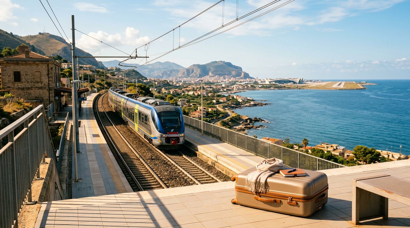 Un treno in partenza dalla stazione verso l'aeroporto con una valigia in primo piano.