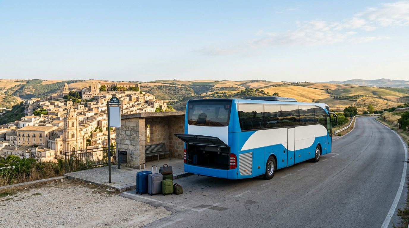 Un autobus per l'aeroporto fermo a Modica con valigie pronte per il carico.