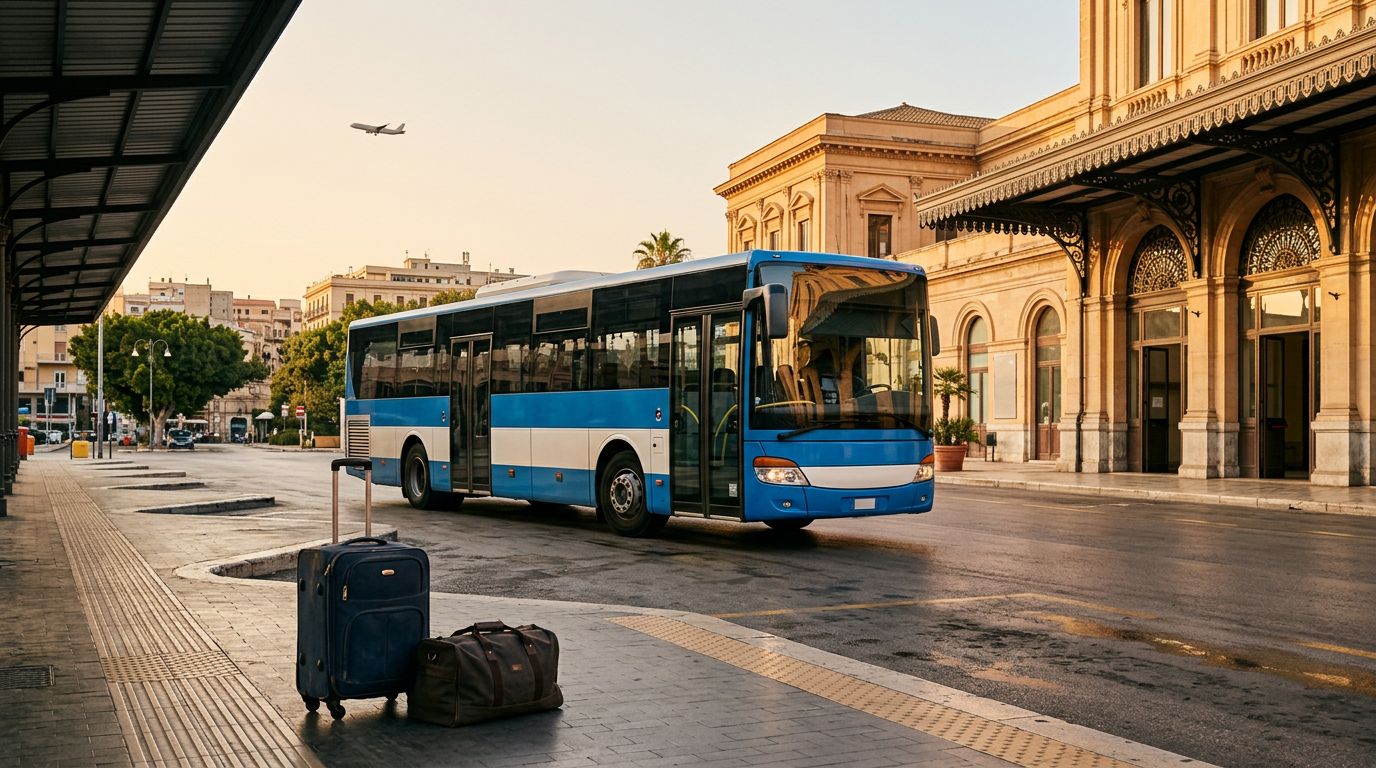Autobus moderno in arrivo a Palermo Centrale con una valigia e un aereo sullo sfondo.