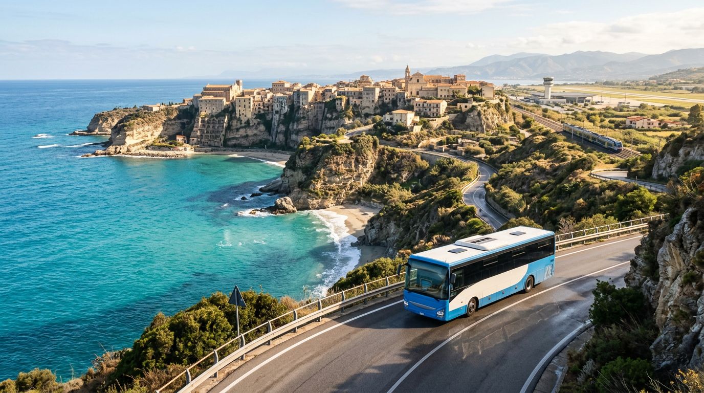 Un pullman in viaggio su una strada panoramica lungo la costa calabrese.