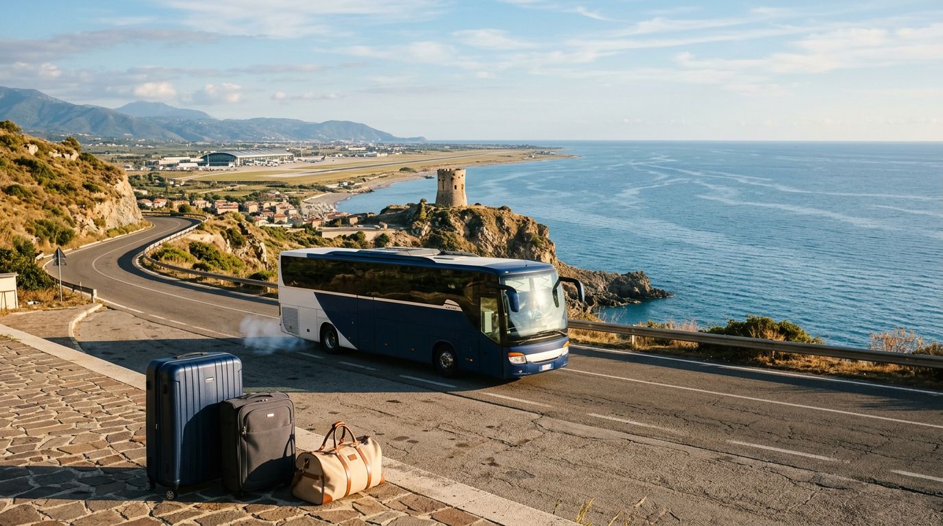 Un pullman moderno fermo su una strada costiera con il mare sullo sfondo.