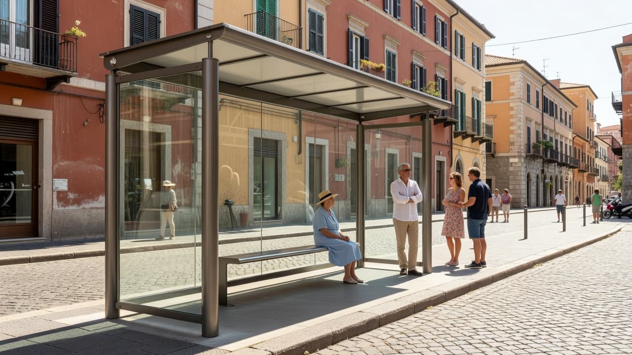 Una moderna pensilina in metallo si trova lungo una strada soleggiata in Italia. Alcuni pendolari sono in attesa sul marciapiede, mentre la luce naturale illumina l'intero contesto urbano circostante durante il giorno.