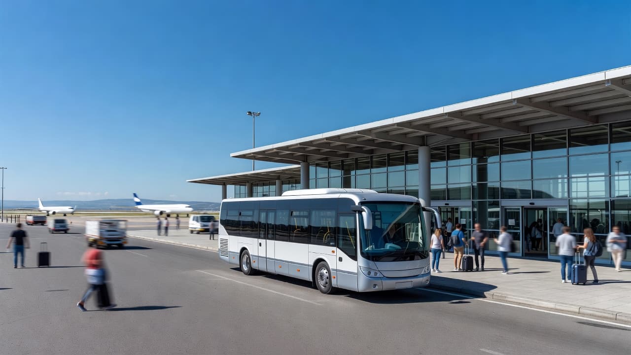 Un moderno autobus navetta sosta davanti al terminal di un aeroporto internazionale sotto un cielo limpido. Lo sfondo mostra un leggero sfocato dovuto al movimento di altri veicoli in transito costante.