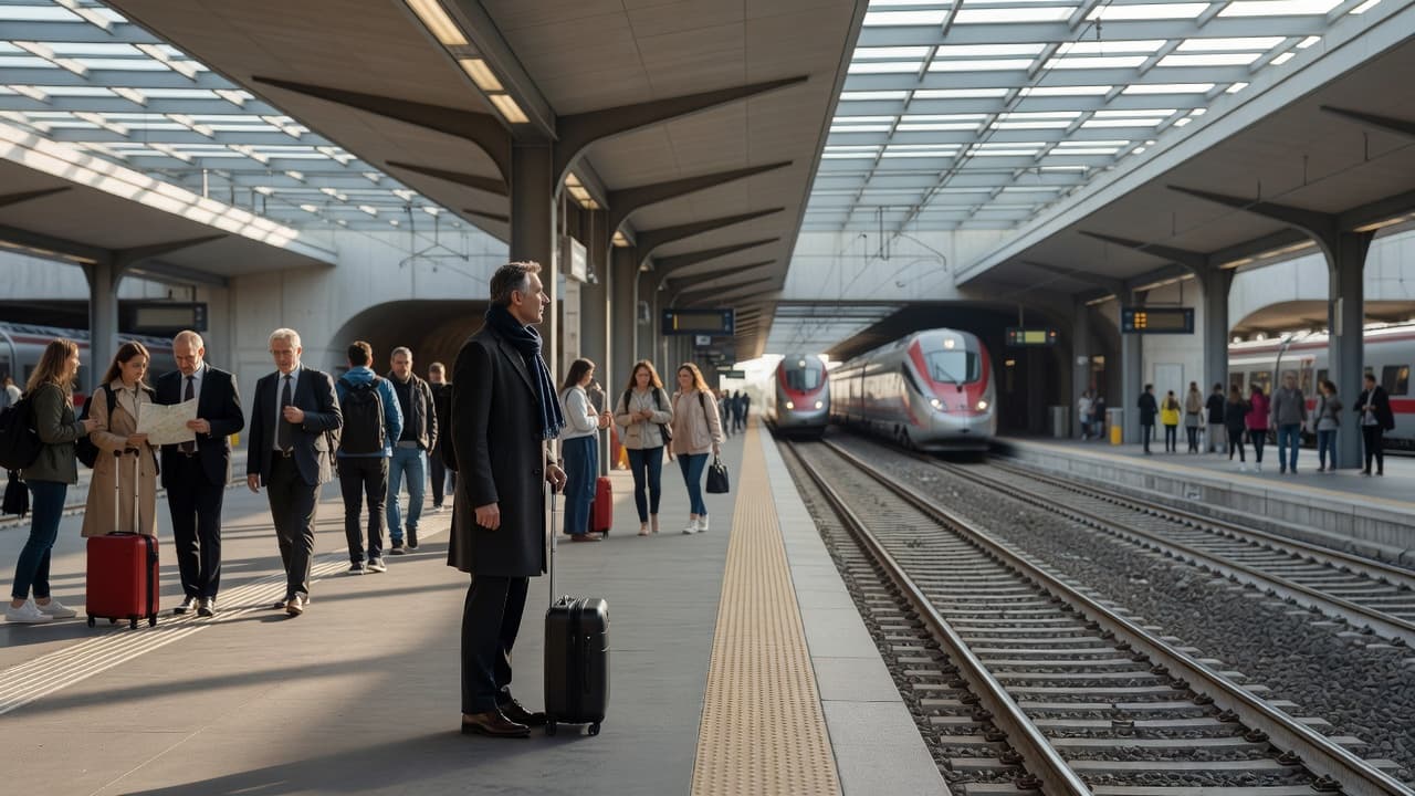 Una banchina ferroviaria italiana illuminata dalla luce diurna ospita numerosi passeggeri in movimento. In primo piano, un singolo viaggiatore attende pazientemente l'arrivo del treno lungo la banchina spaziosa e ben definita.