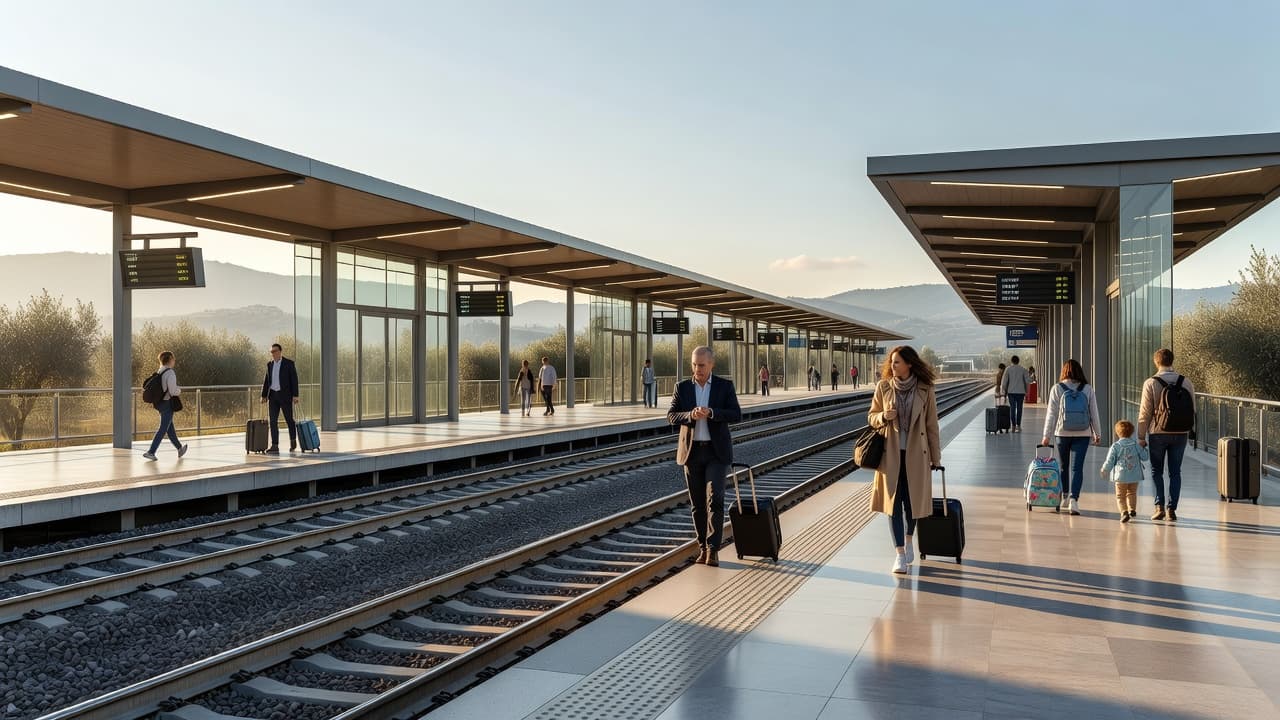 Passeggeri con bagagli camminano lungo la banchina di una moderna stazione calabrese illuminata dal sole.