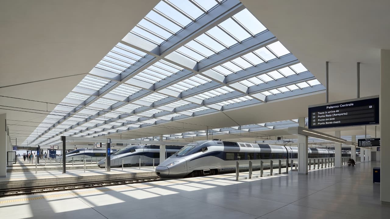 Treni fermi sui binari di una stazione ferroviaria moderna e luminosa.
