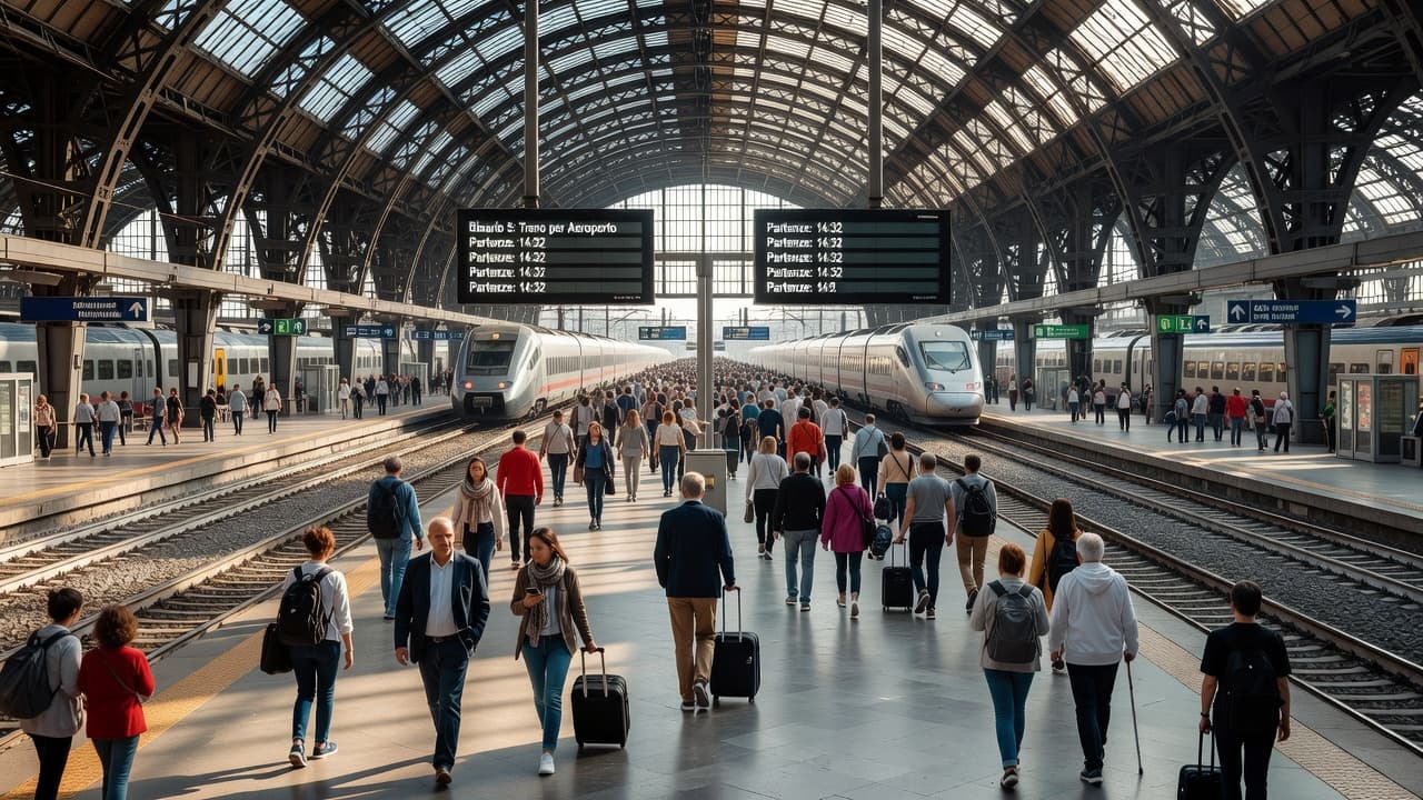 Una vasta stazione ferroviaria italiana gremita di viaggiatori in movimento lungo i binari. La luce naturale filtra dall'alto, illuminando i cartelli informativi e la folla che attraversa l'atrio principale dell'edificio.