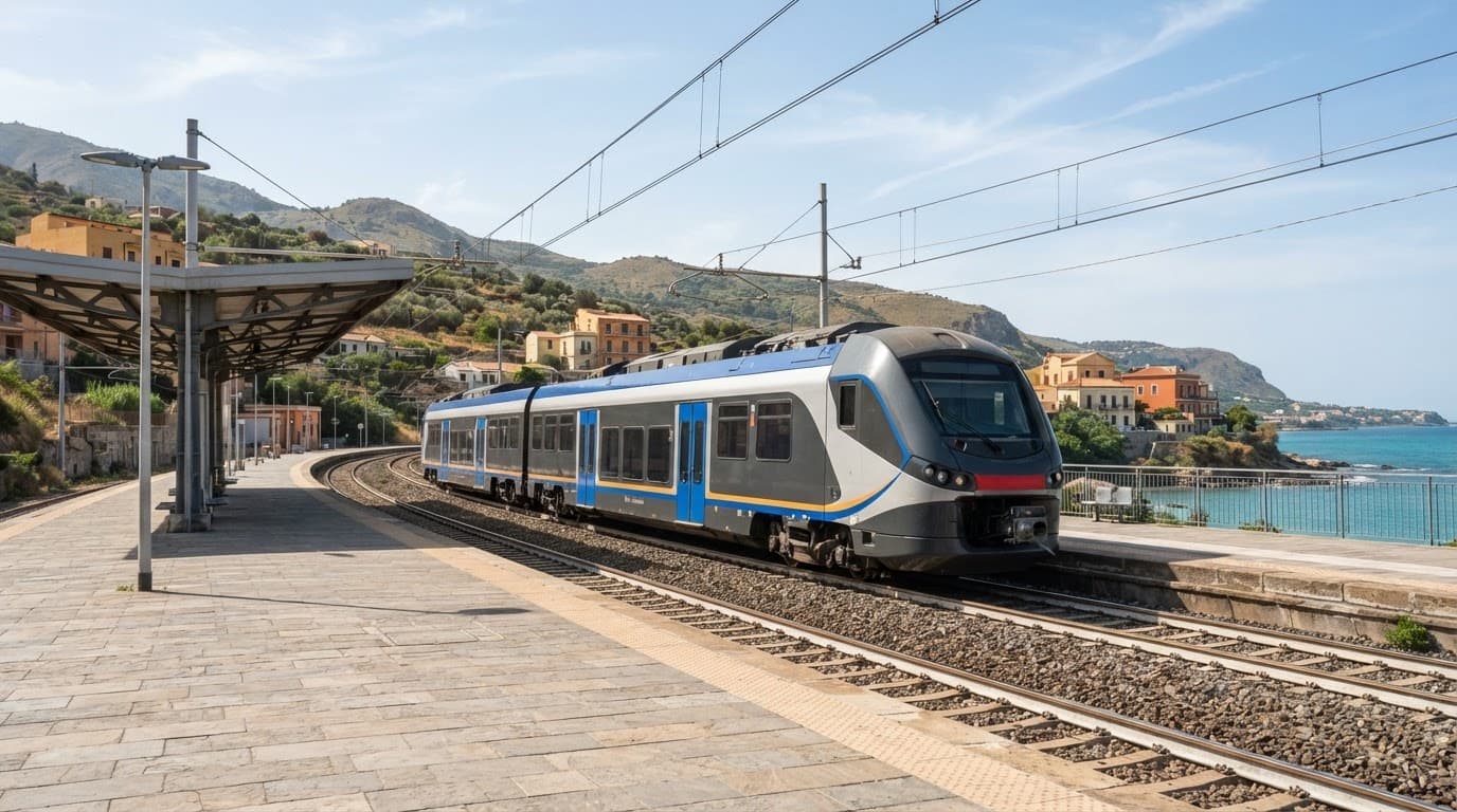 Un treno moderno fermo su una banchina ferroviaria assolata in Sicilia.