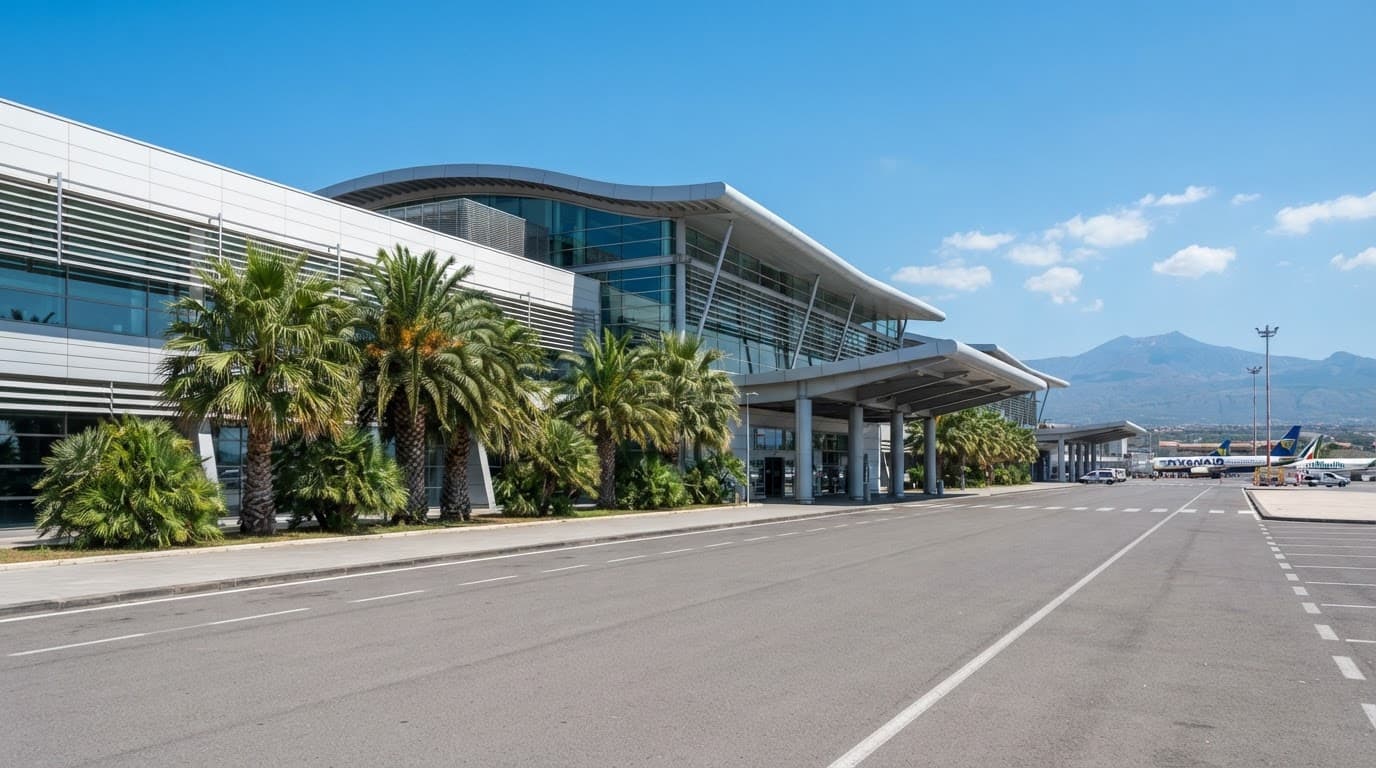Terminal dell'aeroporto di Catania con palme, cielo limpido e facciata moderna.