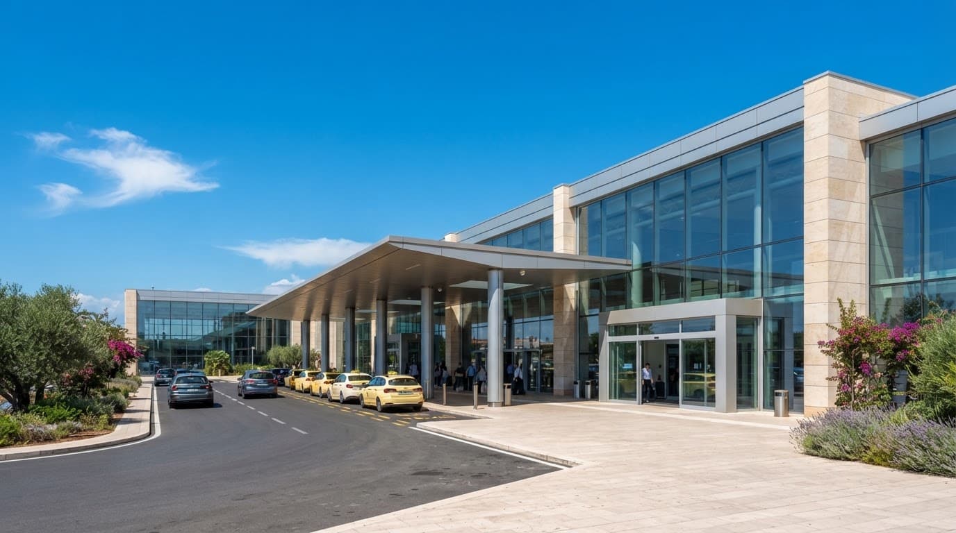 Ingresso moderno di un terminal aeroportuale siciliano sotto il cielo azzurro.