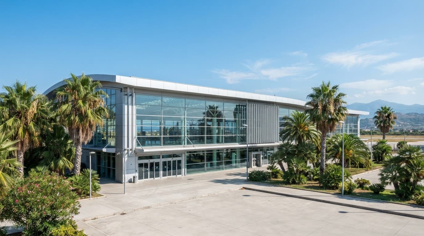 Terminal aeroportuale moderno con grandi vetrate e palme sotto il cielo limpido.