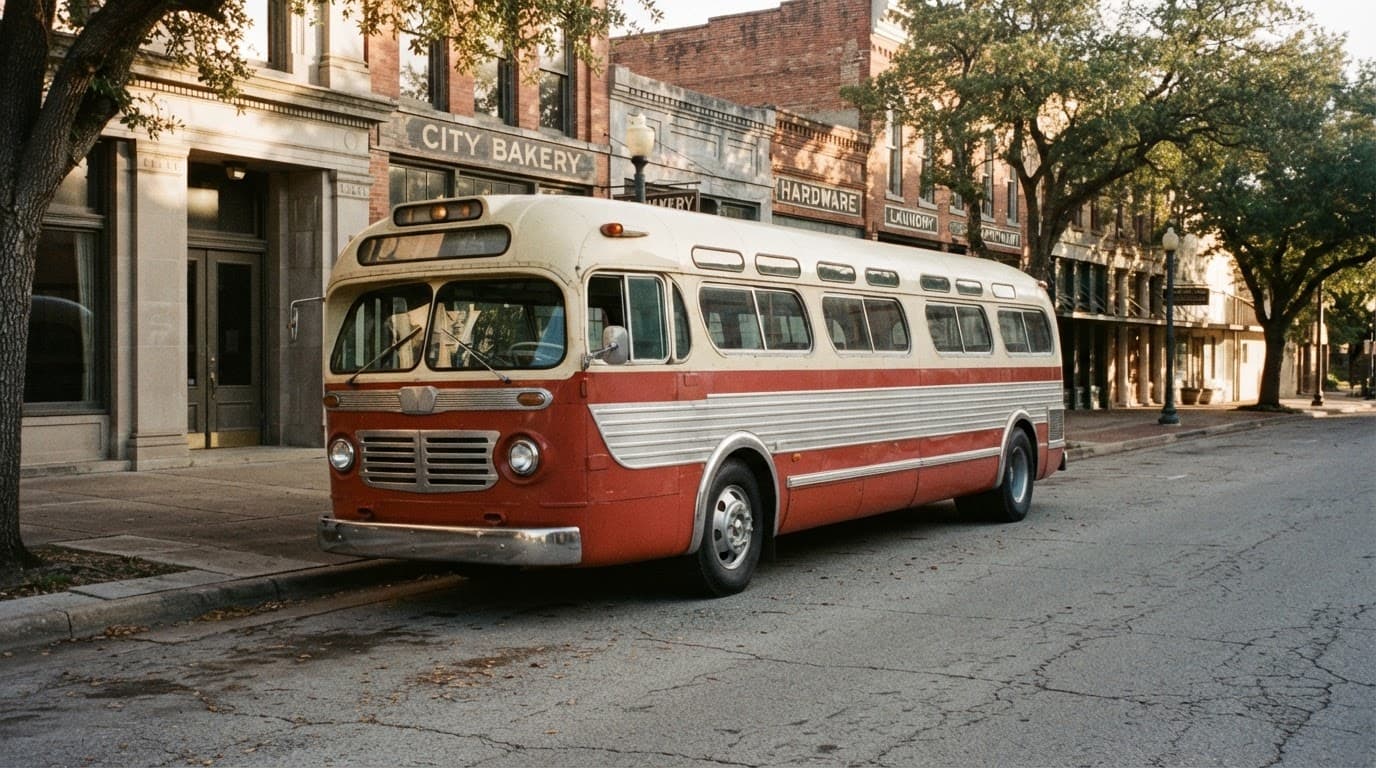 Autobus americano rosso e crema parcheggiato su una strada cittadina.
