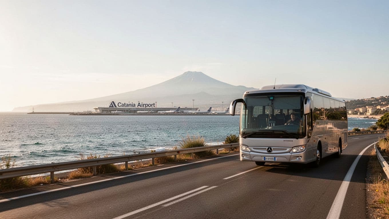 Un autobus viaggia verso l'aeroporto di Catania lungo una strada costiera siciliana.