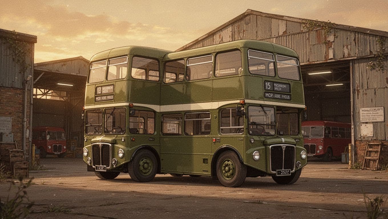Autobus britannico verde oliva in un deposito londinese al tramonto.