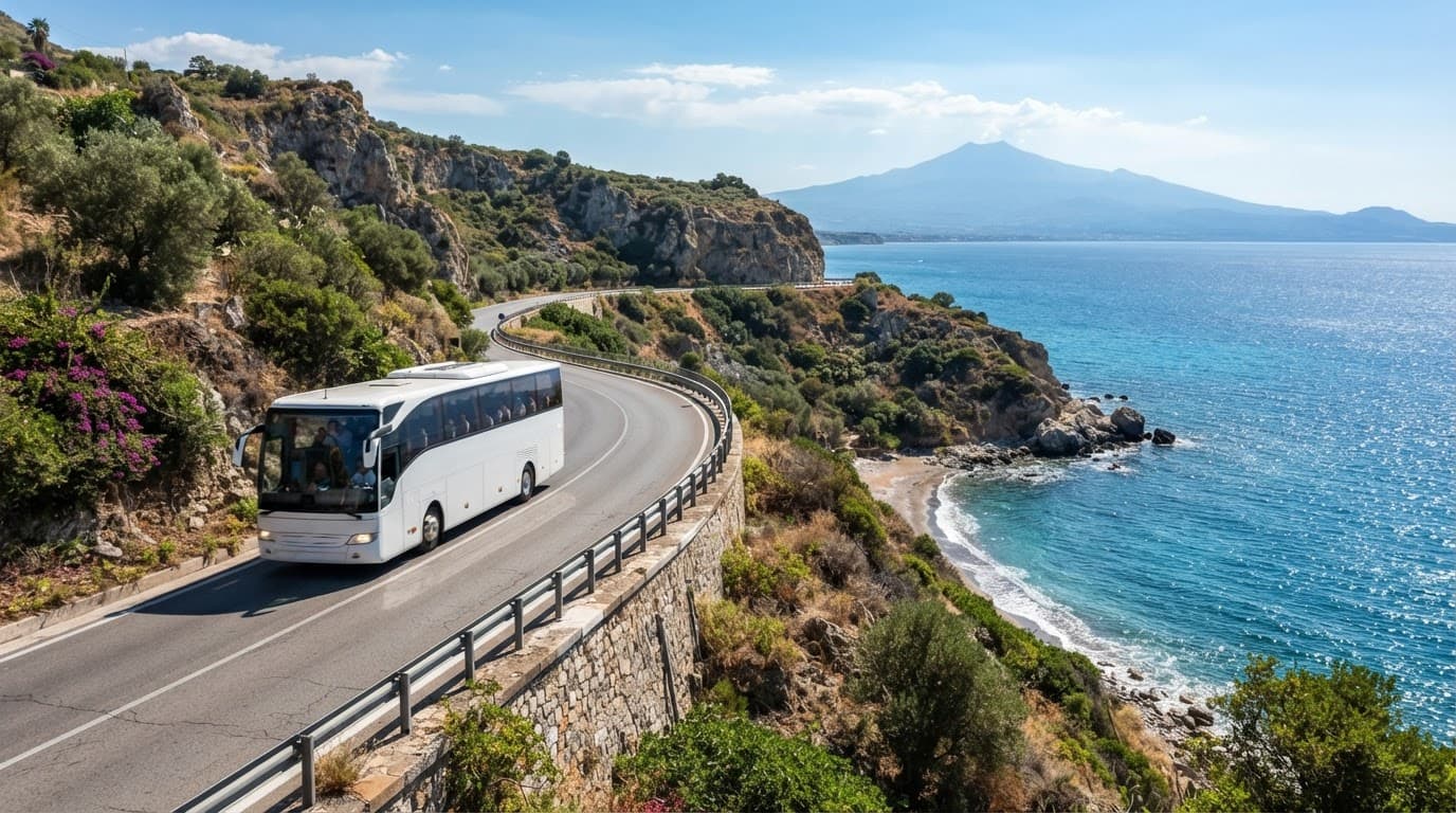 Un autobus moderno percorre una strada costiera soleggiata in Sicilia.