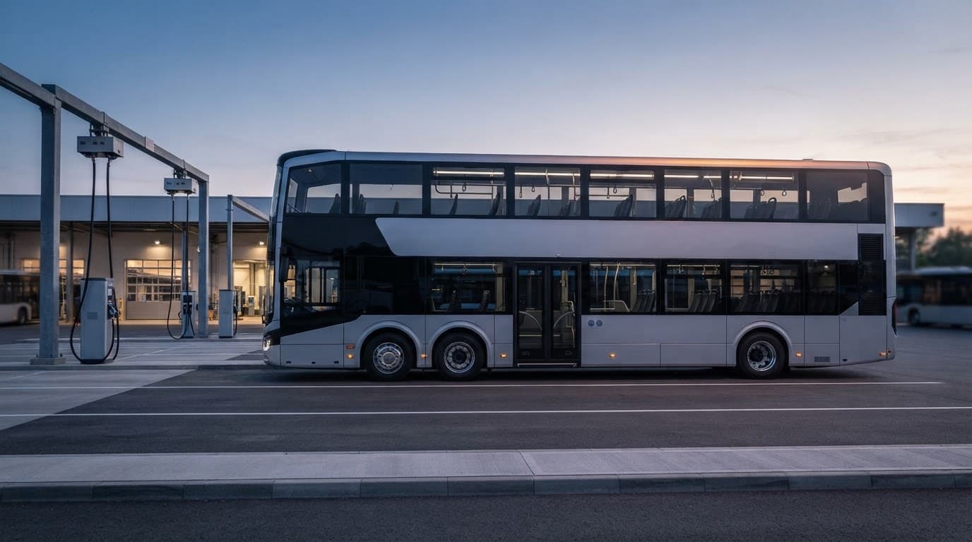 Autobus a due piani in un deposito all'alba, con attrezzature tecniche sullo sfondo.