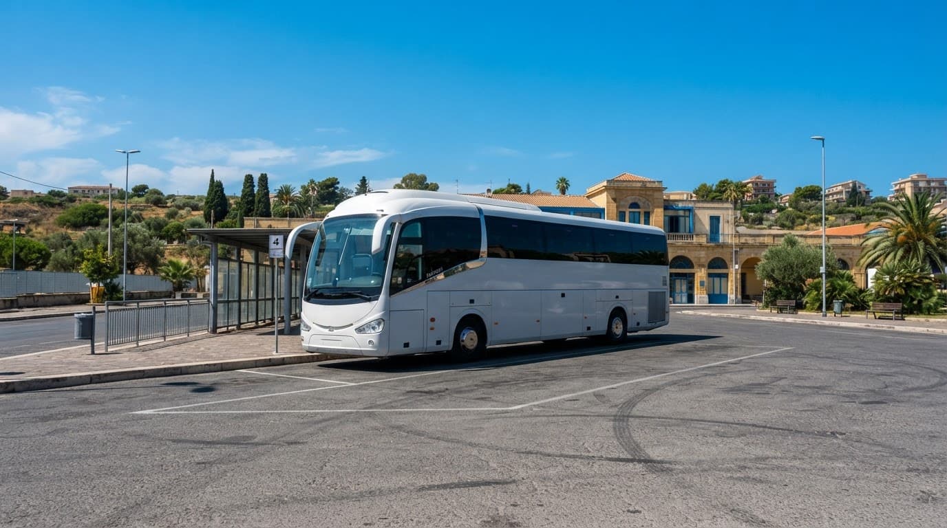 Autobus moderno fermo in un terminal siciliano sotto il cielo azzurro.