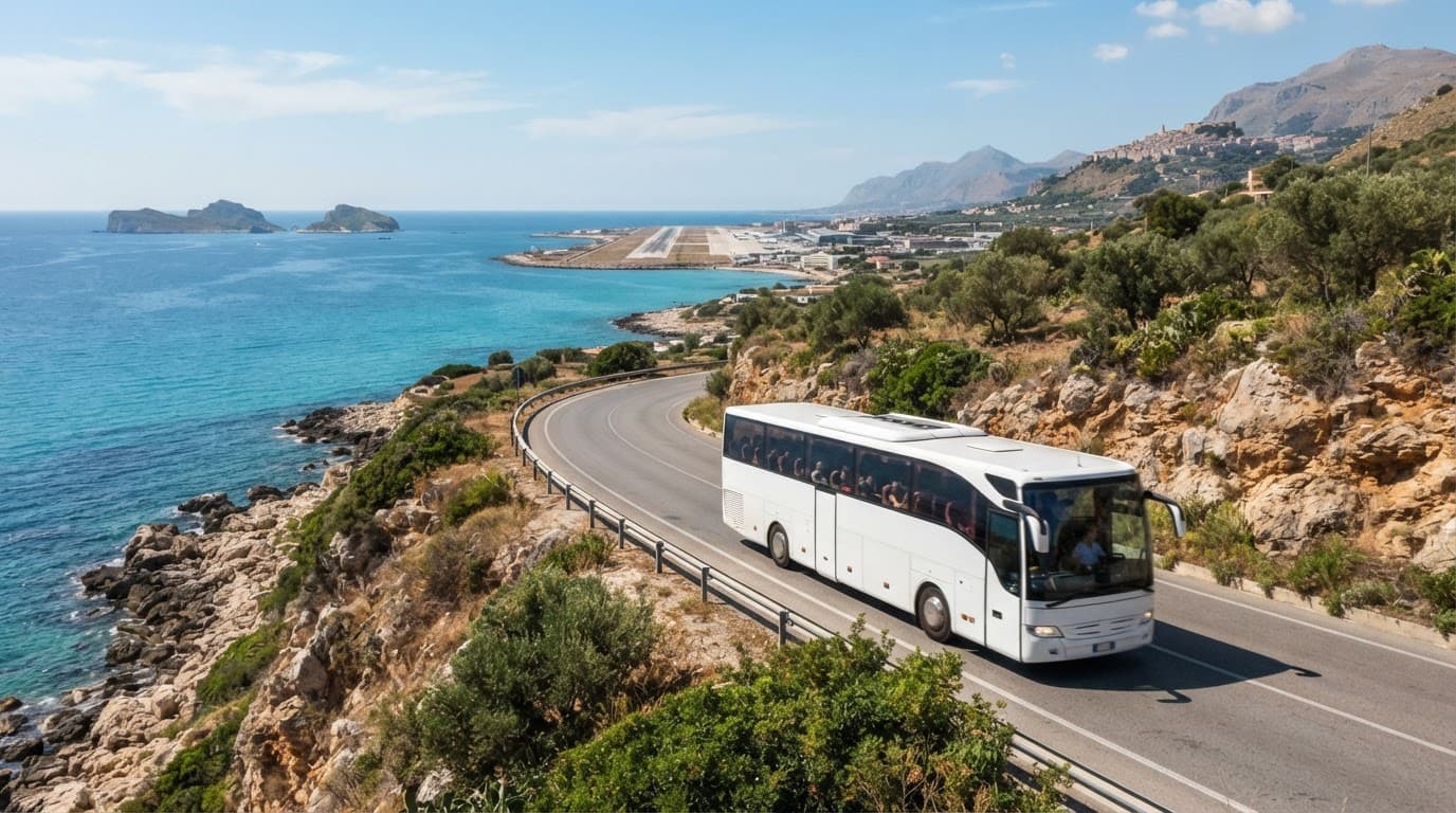 Un autobus moderno viaggia su una strada costiera soleggiata in Sicilia.