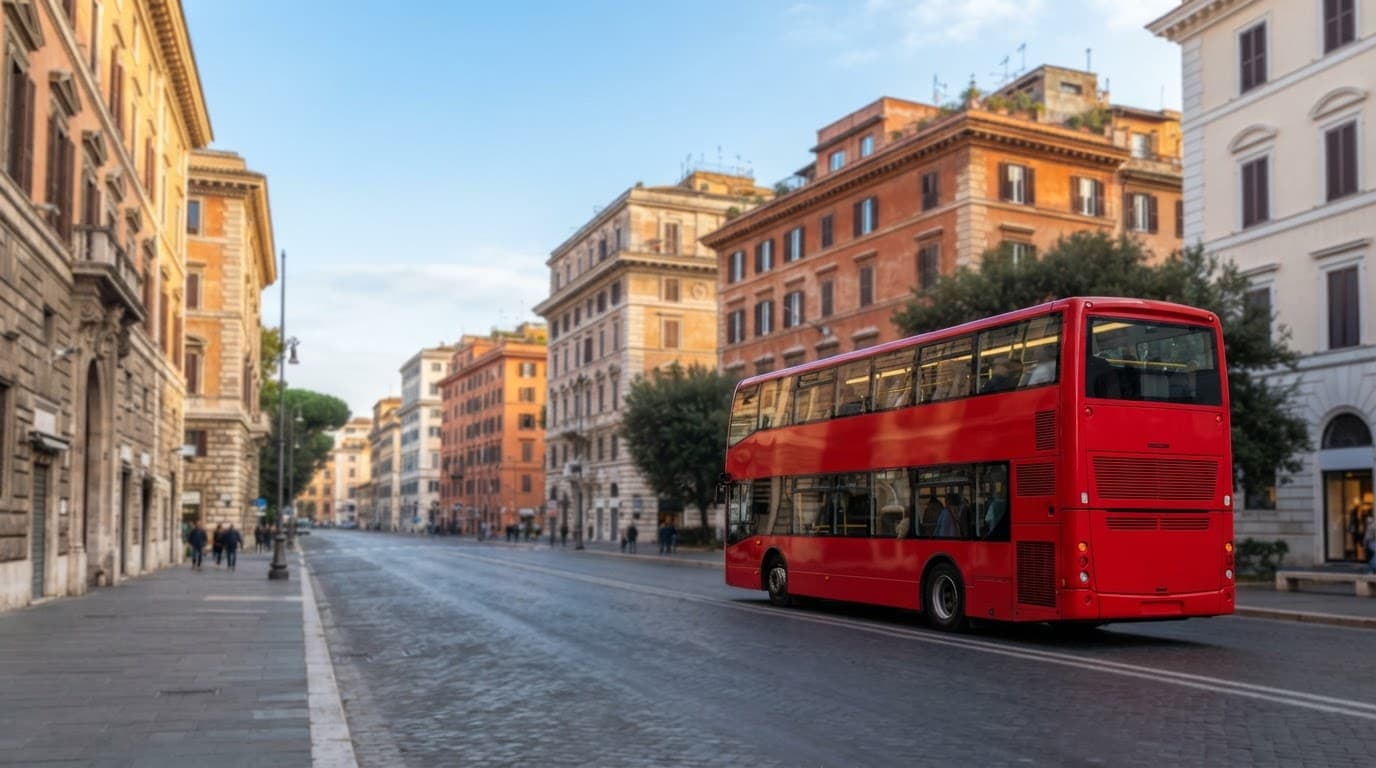Autobus rosso a due piani percorre una strada tra edifici storici italiani.