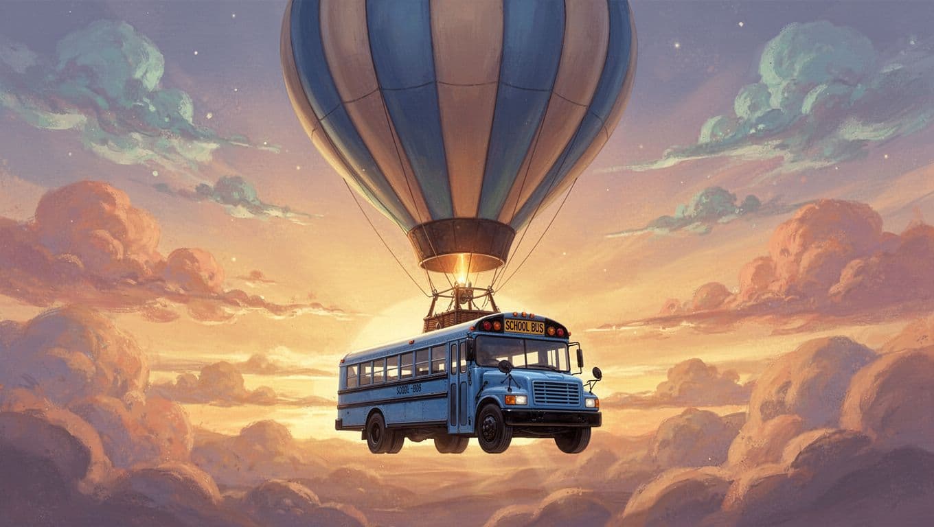 Autobus scolastico blu sospeso da un grande pallone nel cielo al tramonto.