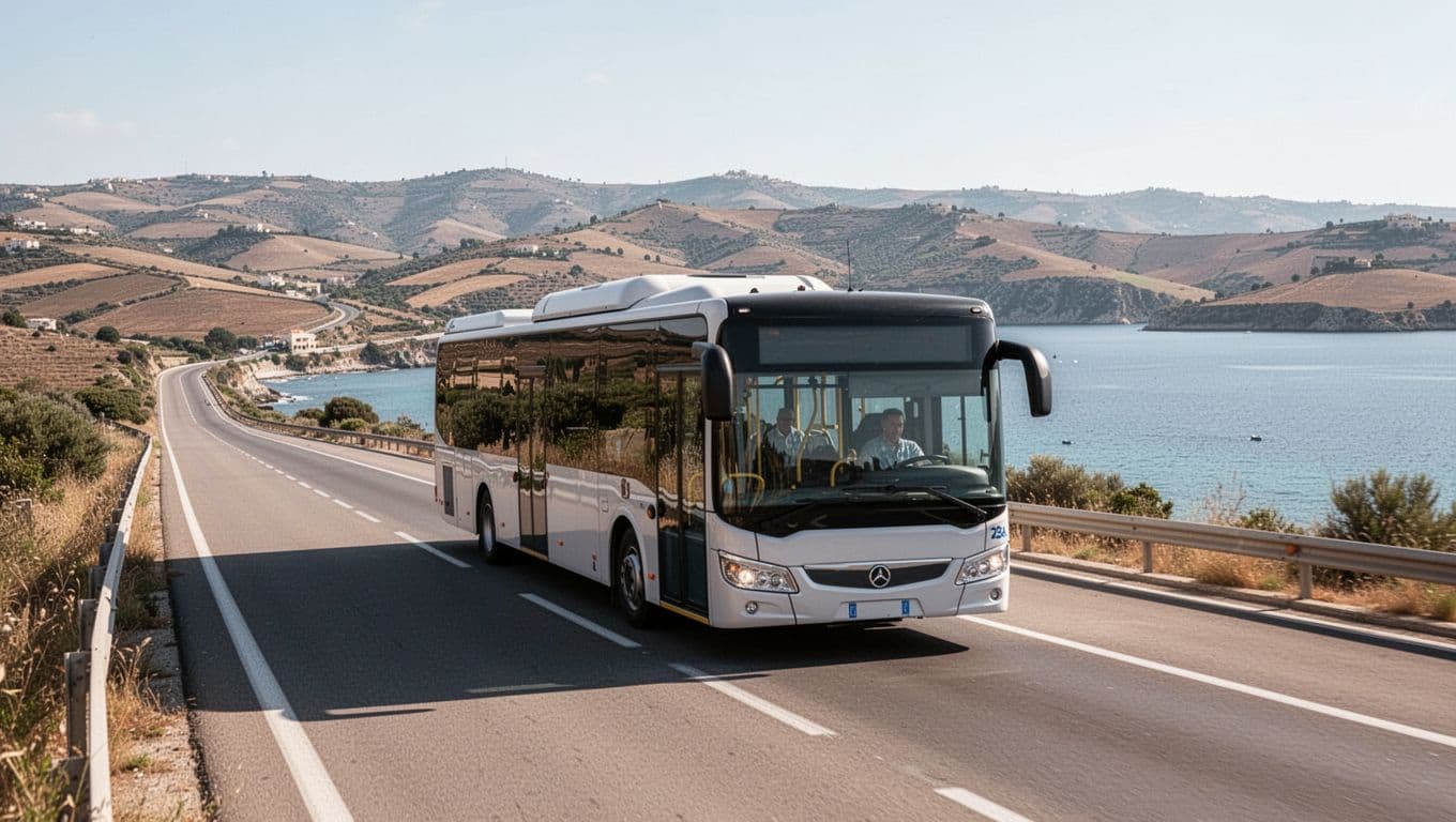 Un autobus moderno viaggia su una strada costiera siciliana soleggiata.