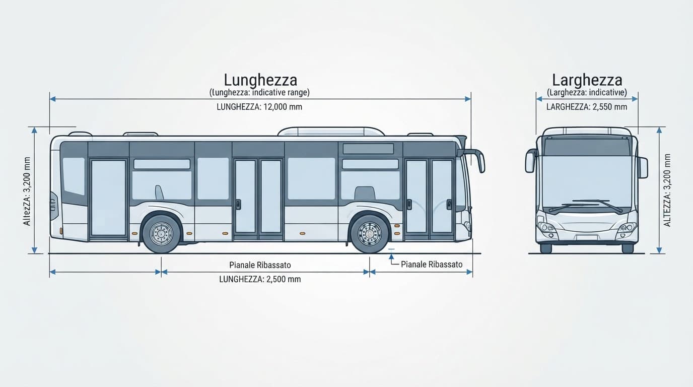 Autobus a pianale ribassato visto di lato e frontalmente con quote di lunghezza, larghezza e altezza.