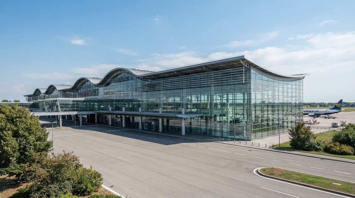 Facciata vetrata di un moderno terminal aeroportuale vista dall'esterno.