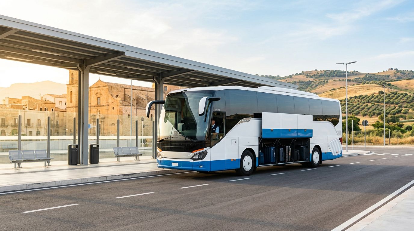 Autobus moderno al terminal di Alcamo, diretto all’aeroporto di Palermo.