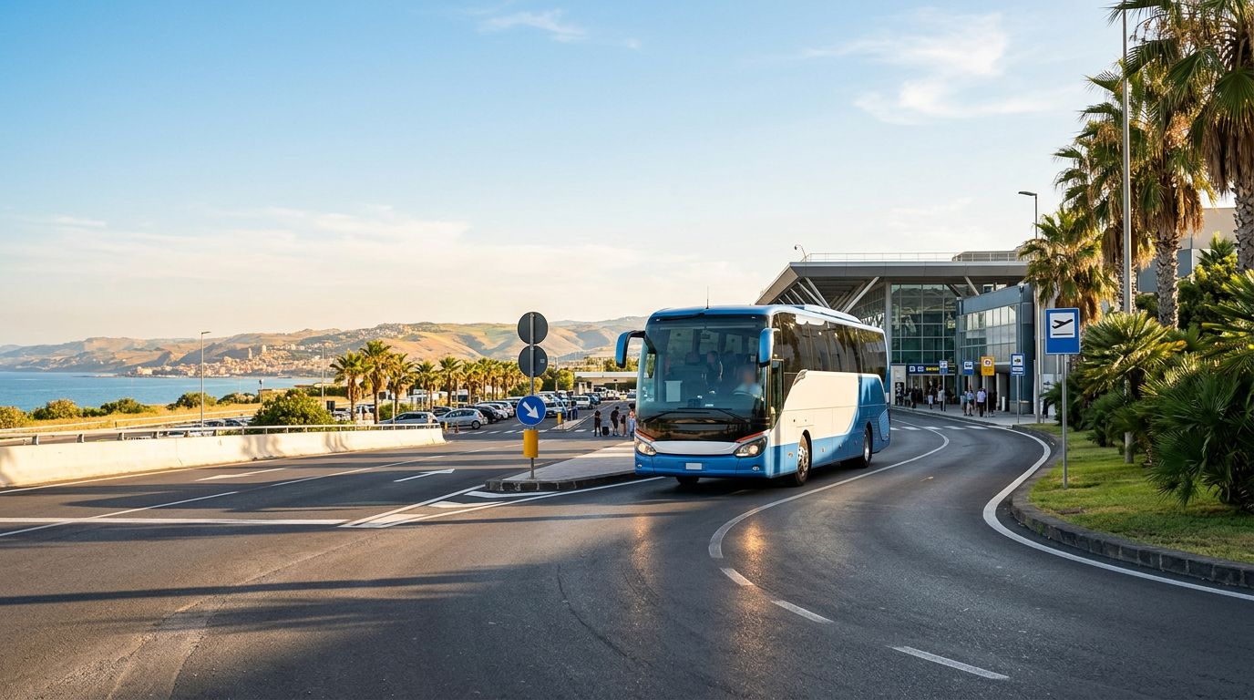 Autobus moderno sulla strada davanti all’aeroporto di Catania, con palme e paesaggio siciliano sullo sfondo.