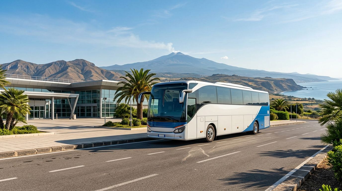 Autobus moderno davanti all’aeroporto di Catania, con l’Etna sullo sfondo.
