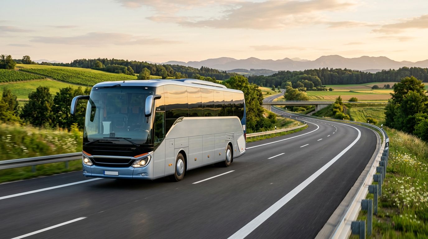 Pullman Setra Serie 500 blu e argento su un’autostrada tra colline verdi al tramonto.