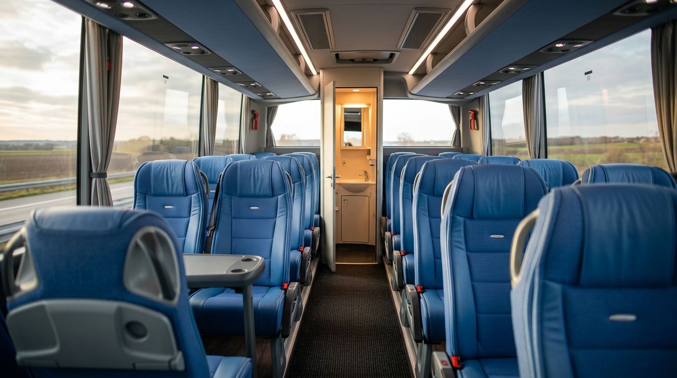Interno di un autobus con sedili blu e bagno visibile in fondo al corridoio.