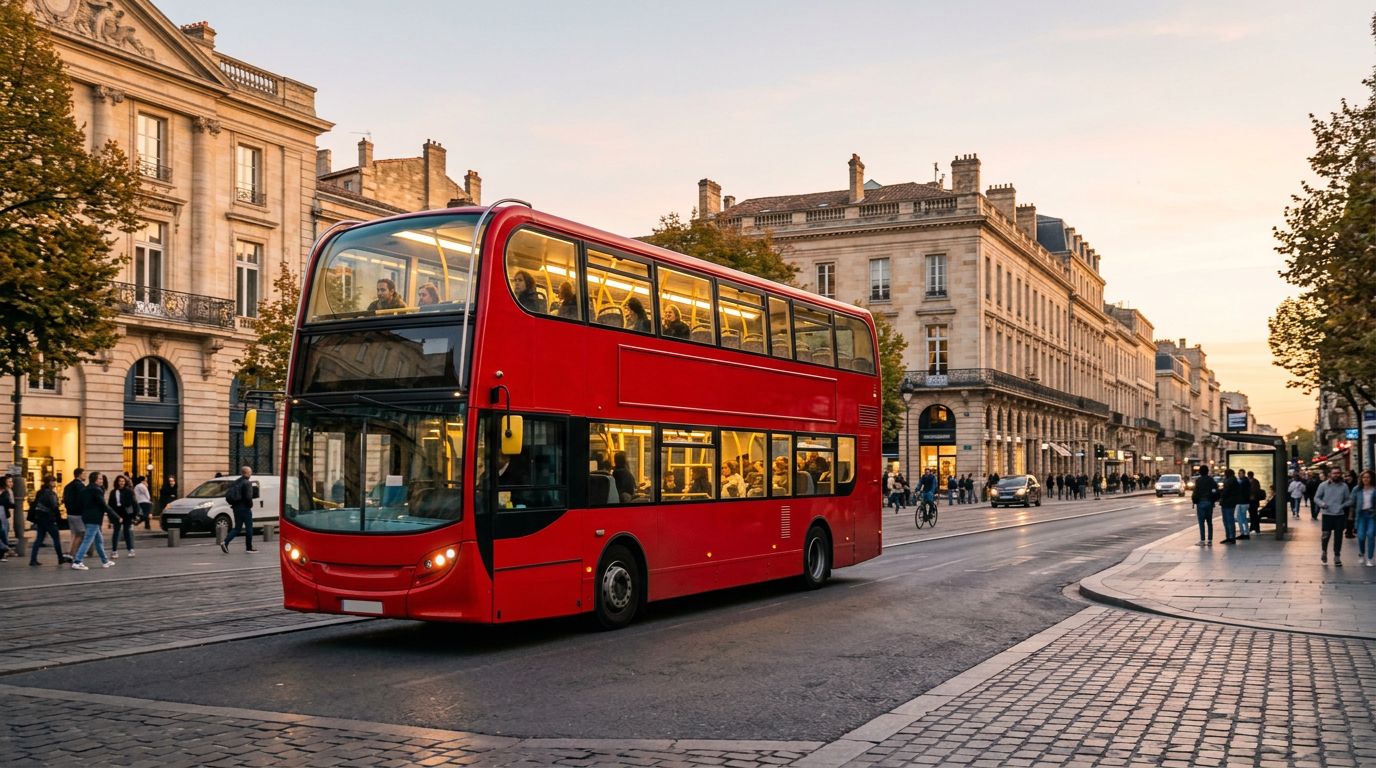 Autobus rosso a due piani in una vivace strada europea al tramonto.