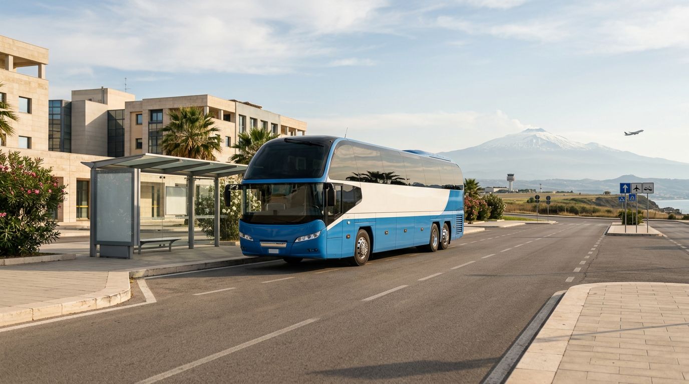 Autobus blu e bianco in partenza da Gela verso l’aeroporto di Catania.