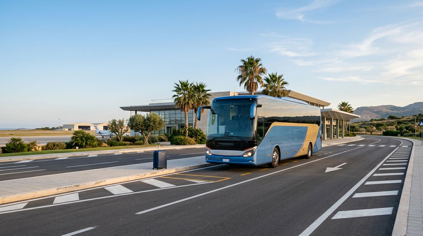 Autobus in arrivo all’aeroporto di Trapani-Birgi con una valigia vicino all’ingresso.