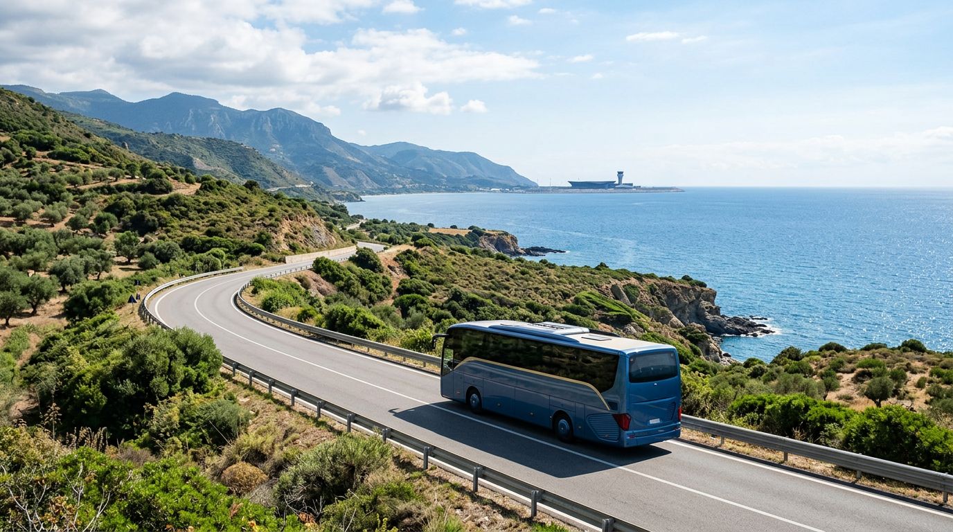 Autobus moderno sulla costa calabrese verso l’aeroporto di Lamezia Terme.