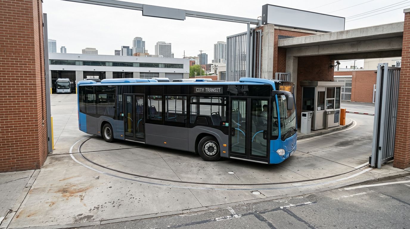 Autobus urbano blu in manovra davanti all’ingresso stretto di un deposito.
