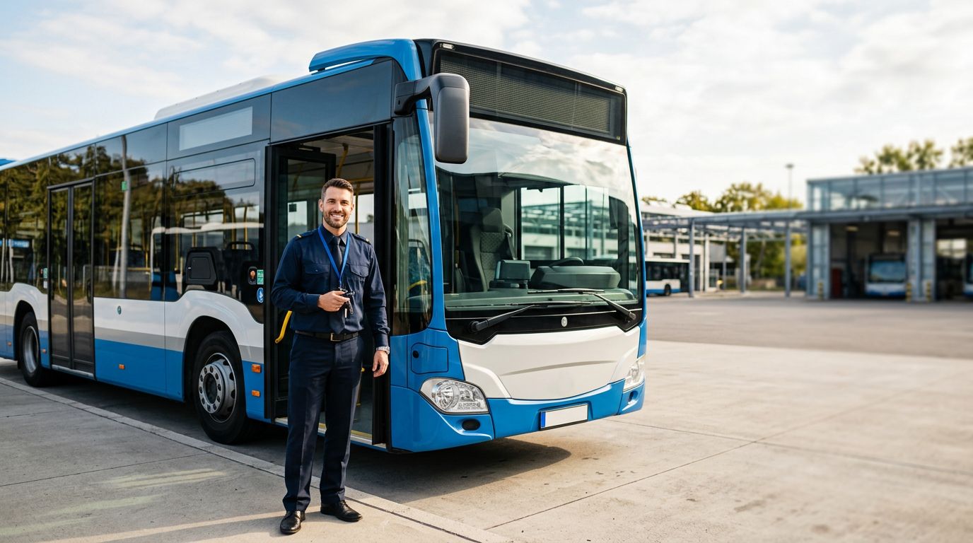 Autista in uniforme accanto a un autobus urbano blu e bianco con la porta aperta.
