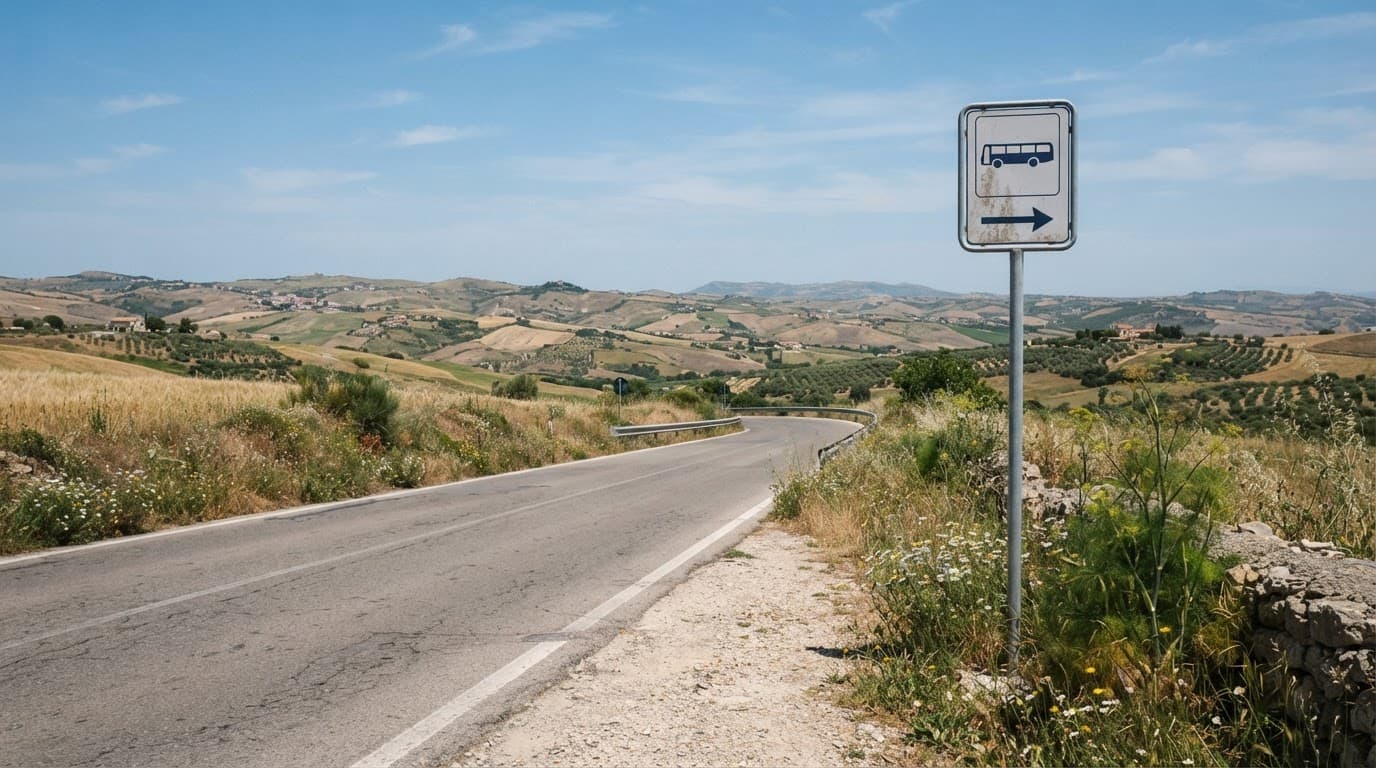 Un cartello di fermata autobus lungo una strada, con colline siciliane sullo sfondo.