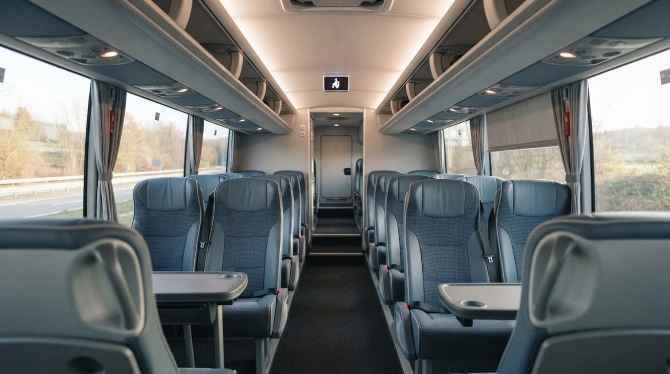 Corridoio di un autobus moderno con sedili, luci soffuse e indicatore del bagno sul fondo.