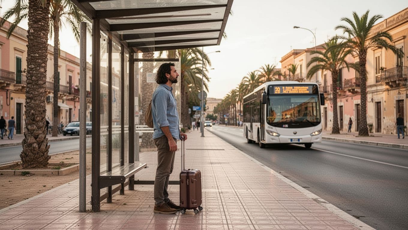Viaggiatore con valigia alla fermata di Avola, mentre un autobus arriva sullo sfondo.