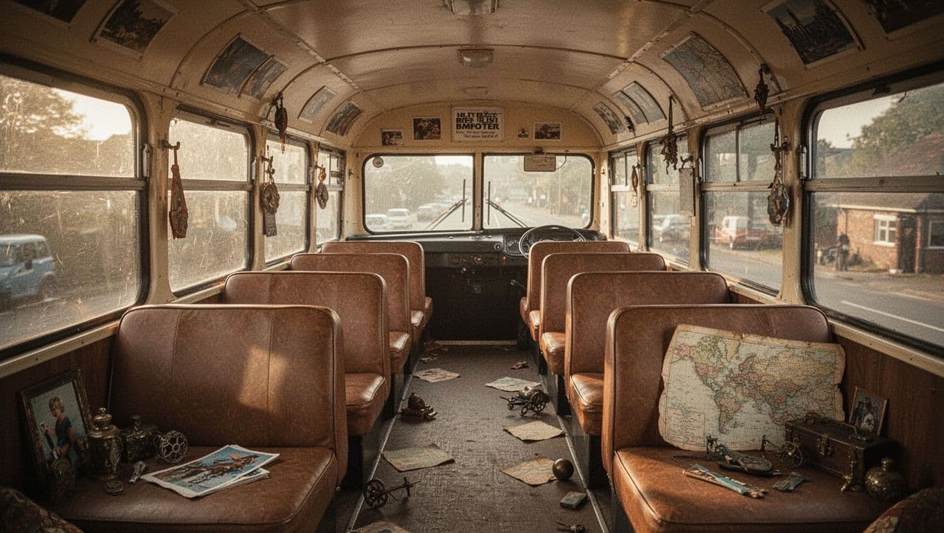 Interno di un autobus a due piani con sedili vintage e luce dorata.