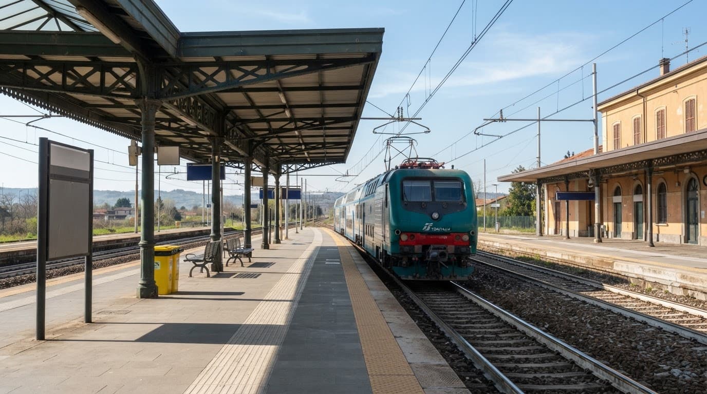 Un treno fermo su una banchina italiana illuminata dal sole.