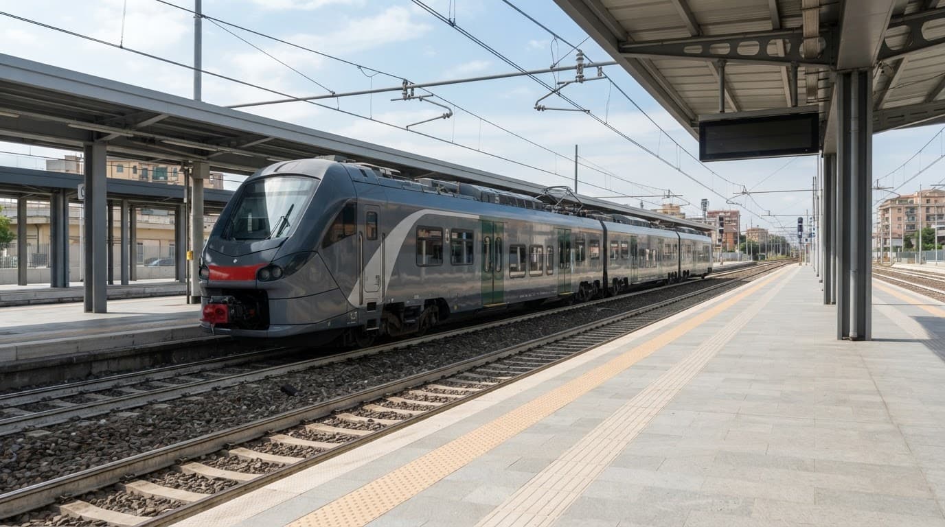 Treno regionale moderno fermo accanto a una banchina pulita in Italia.
