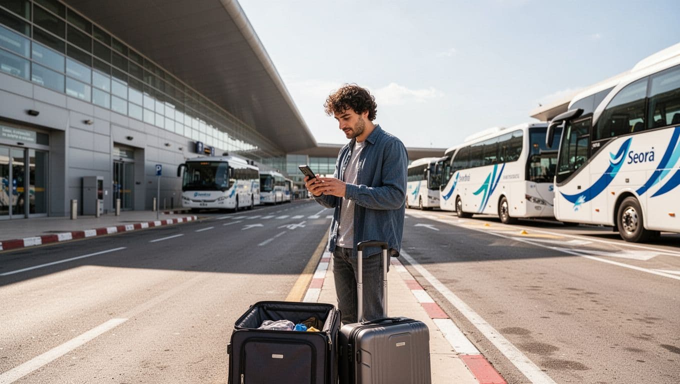 Un viaggiatore controlla lo smartphone accanto a una valigia fuori dal terminal.